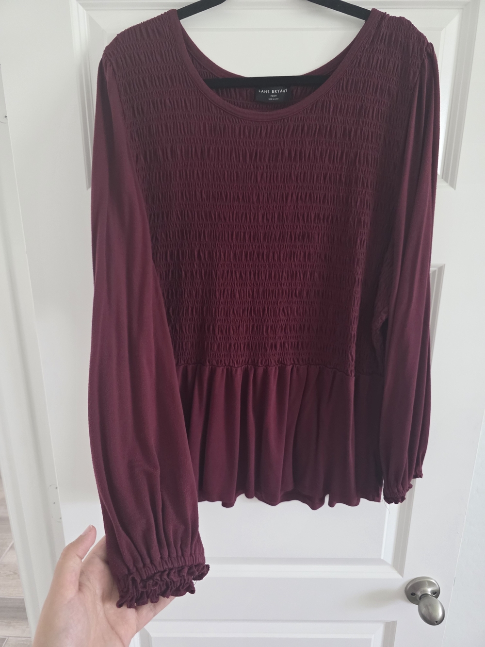 Lane Bryant Burgundy Smocked Peplum Long-Sleeve Top. Plus Size 4x.